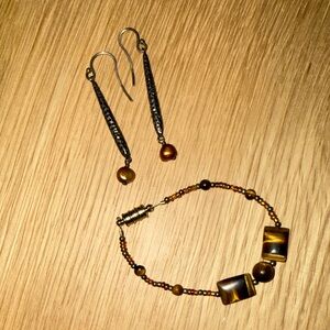 Elegant Brown Tiger Eye Bead Bracelet and Silpada sterling Drop Earrings Set
